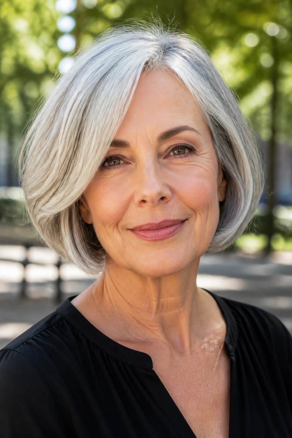 Close-up of a real woman with a silver French bob and a soft bend.