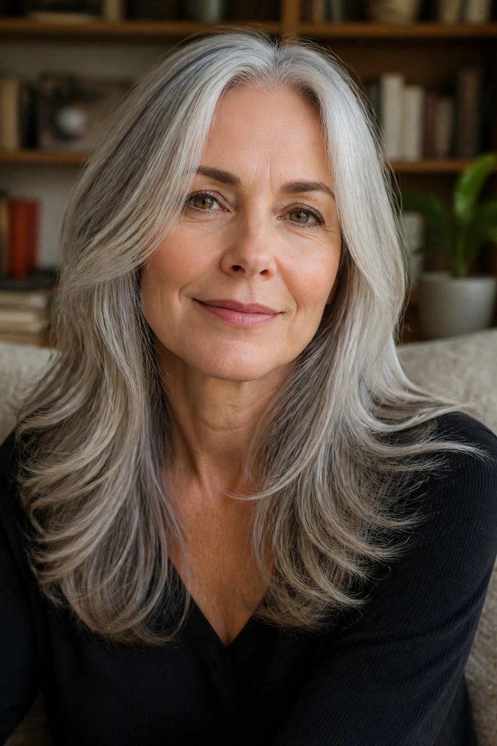 Gray-haired woman with a silver-friendly cut and soft movement.