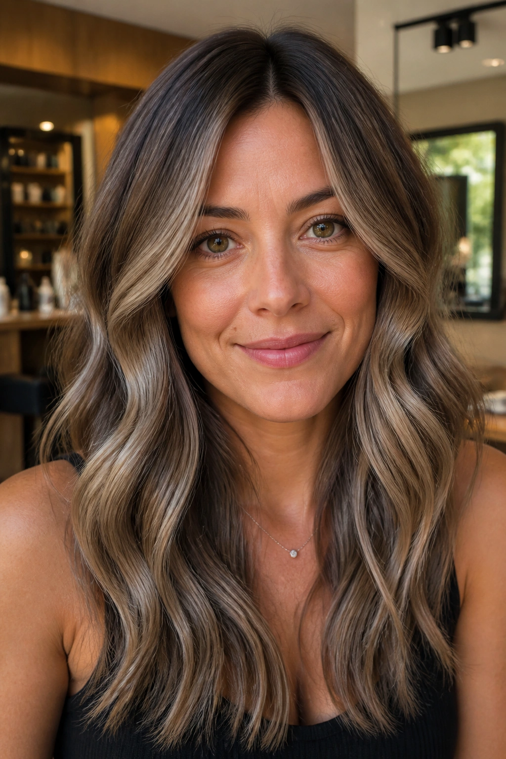 Portrait of warm brown balayage hair with a cool silver glaze.
