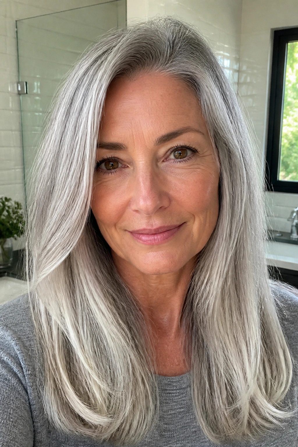 Portrait of a real woman with all-over silver hair and brightened ends