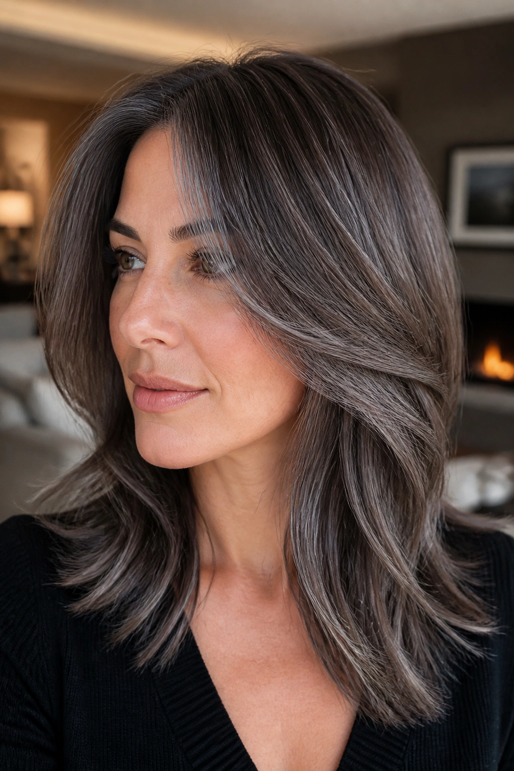 Close-up of brunette base with silver gloss on real person in living room light