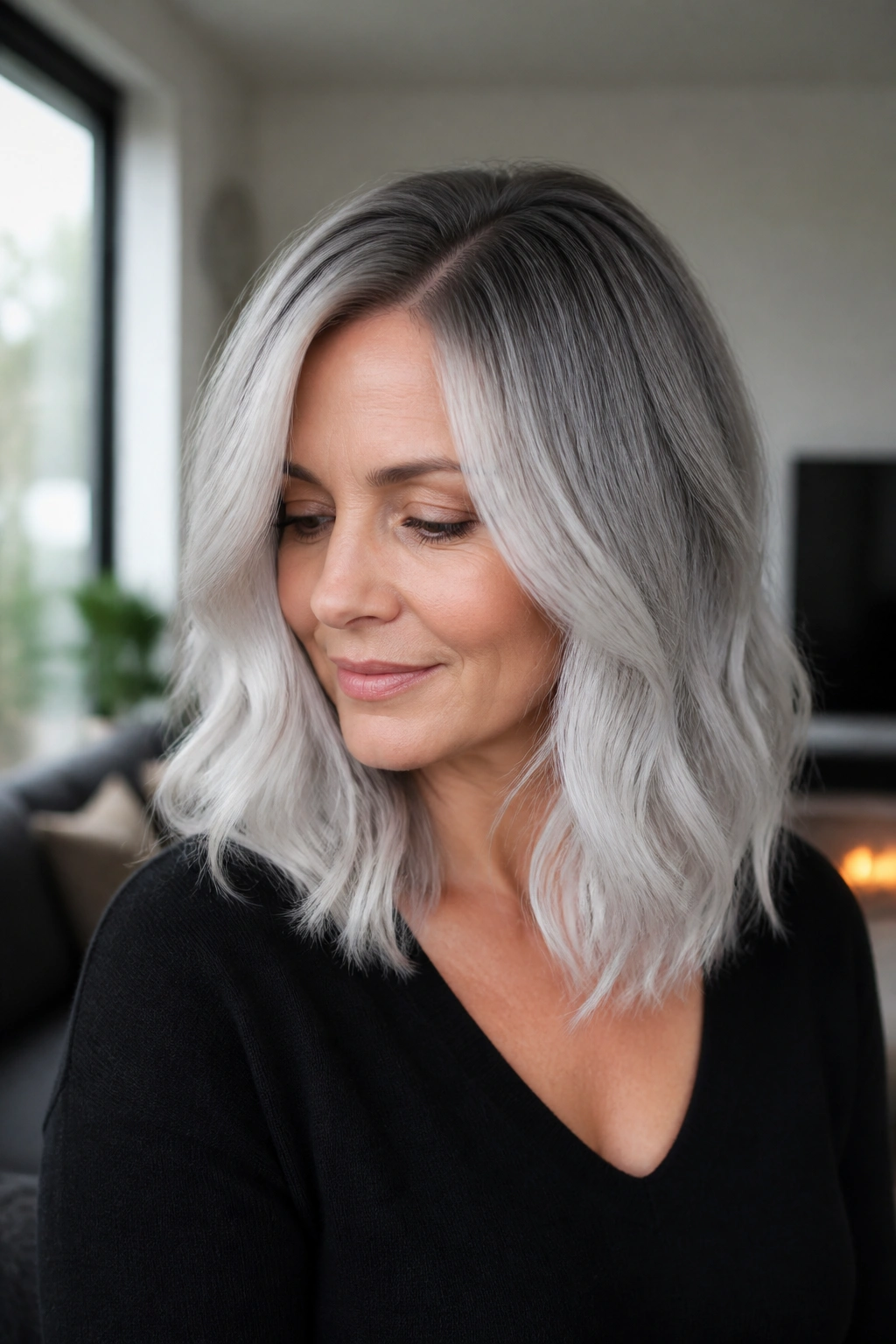 Close-up of a real woman showing a silver-to-white gradient with a root shadow