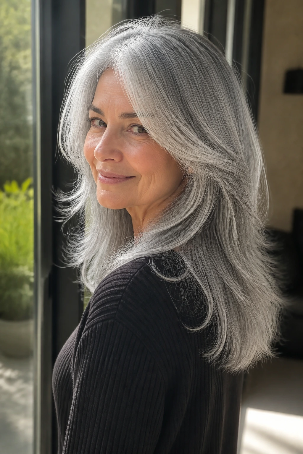 Close-up portrait of a real woman with silver-gray layered hair showing soft layers and shine