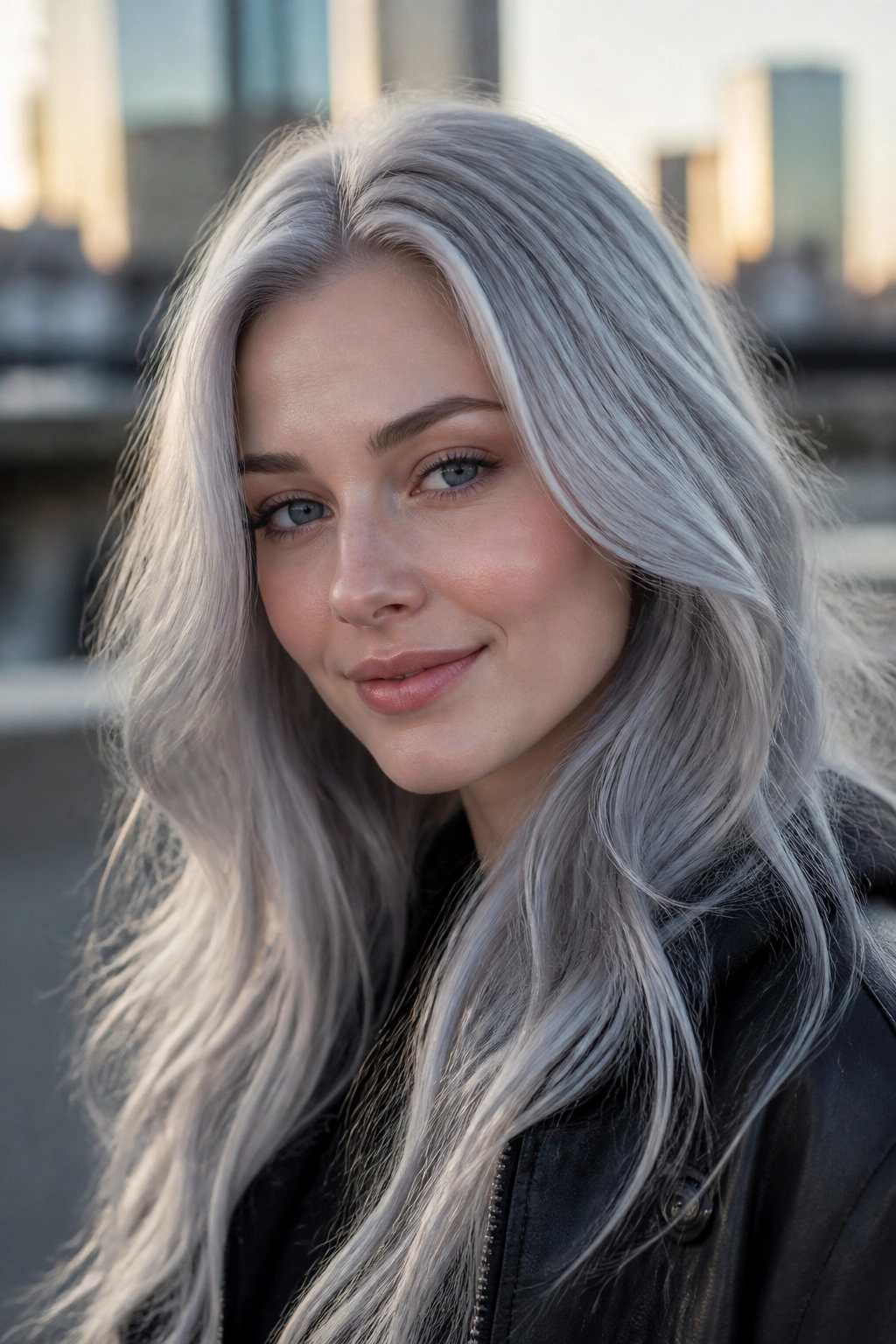 Close-up portrait of a real person with silver gray hair in an urban setting