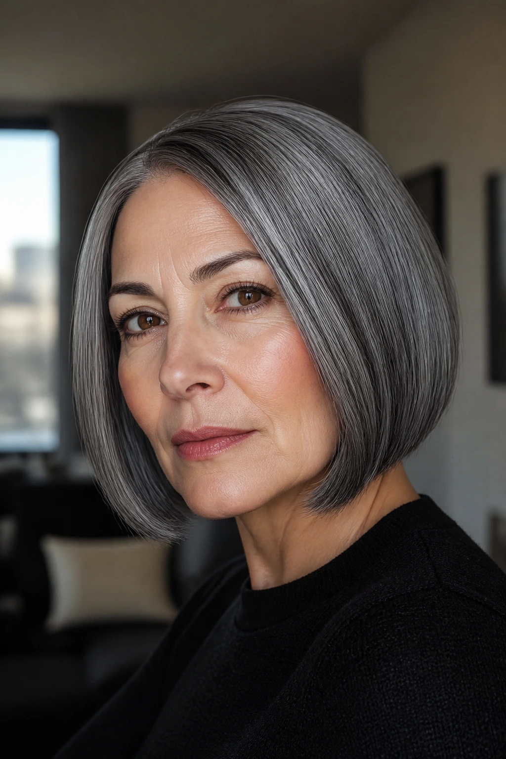 Portrait of a real woman with a deep silver-grey bob hairstyle