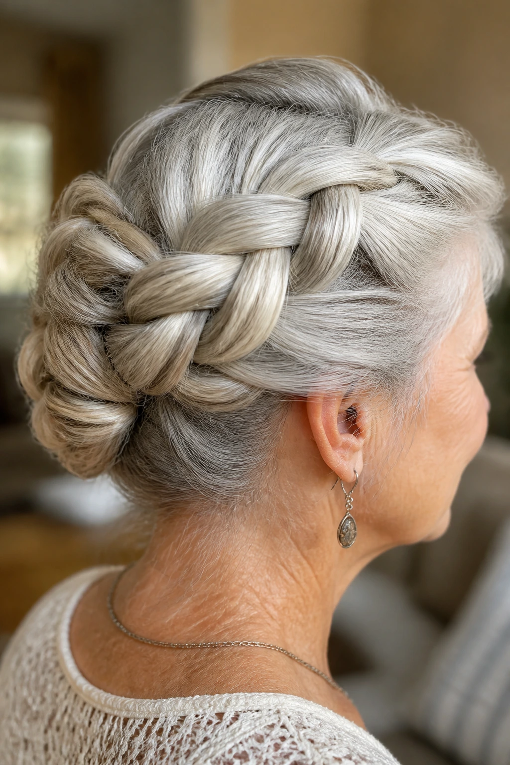 Real woman with granny-chic braided updo in silver hair