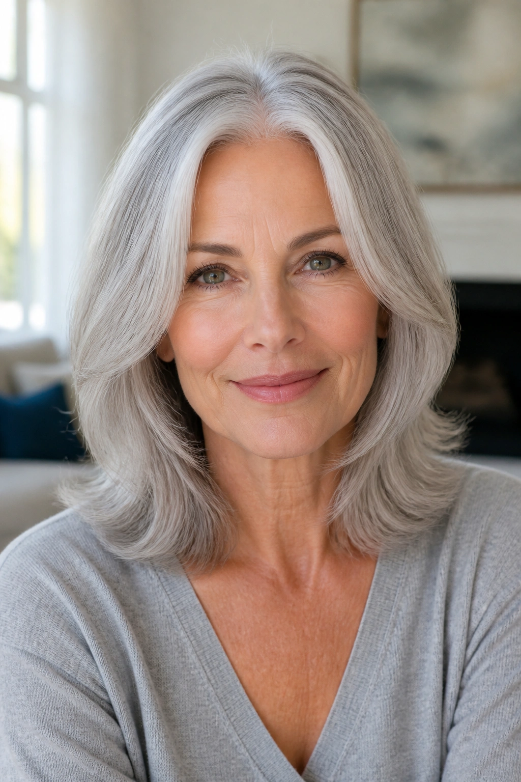 Close-up of a silver-haired woman with center part and light layers