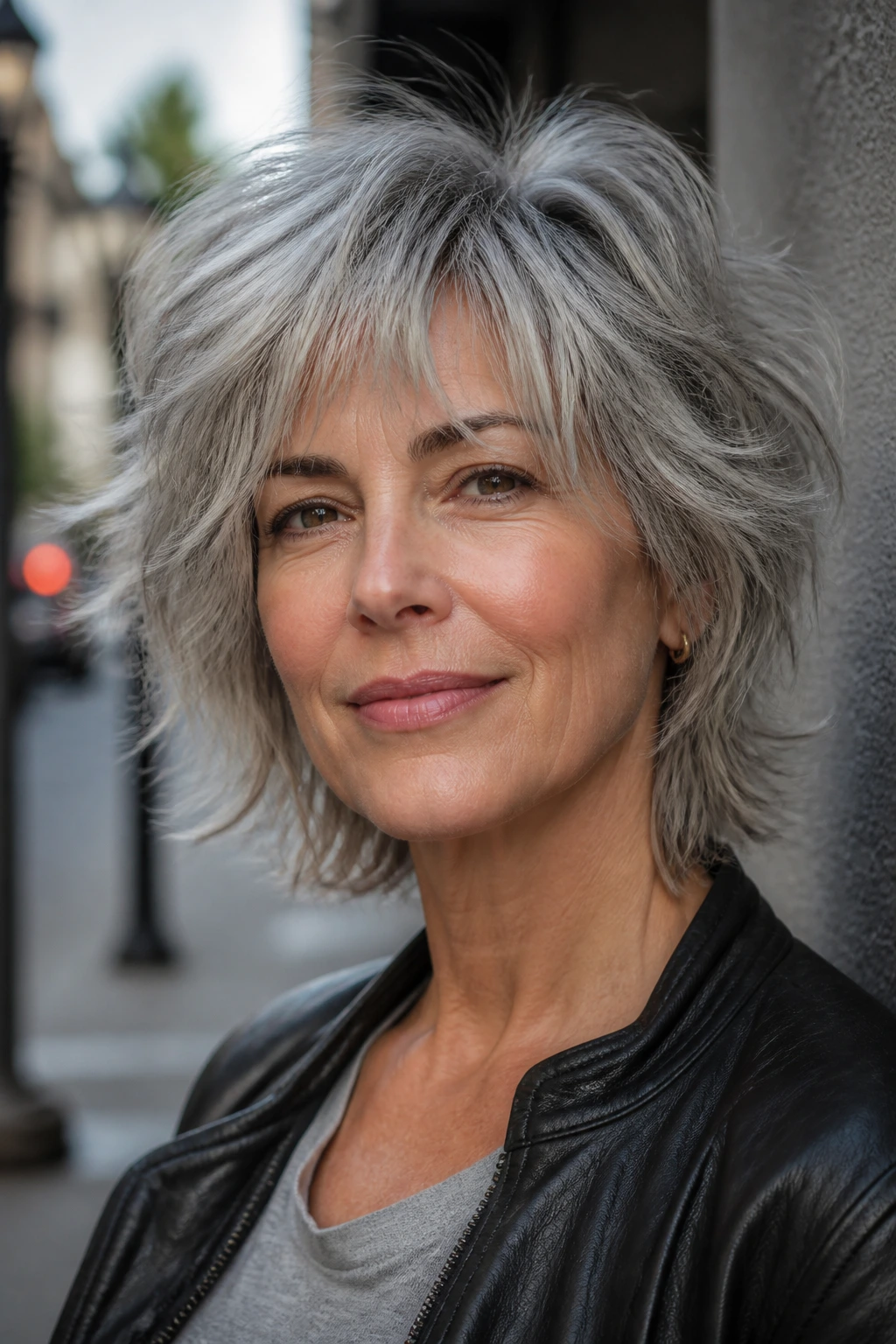 Portrait of a woman with silver choppy shag hair in natural daylight