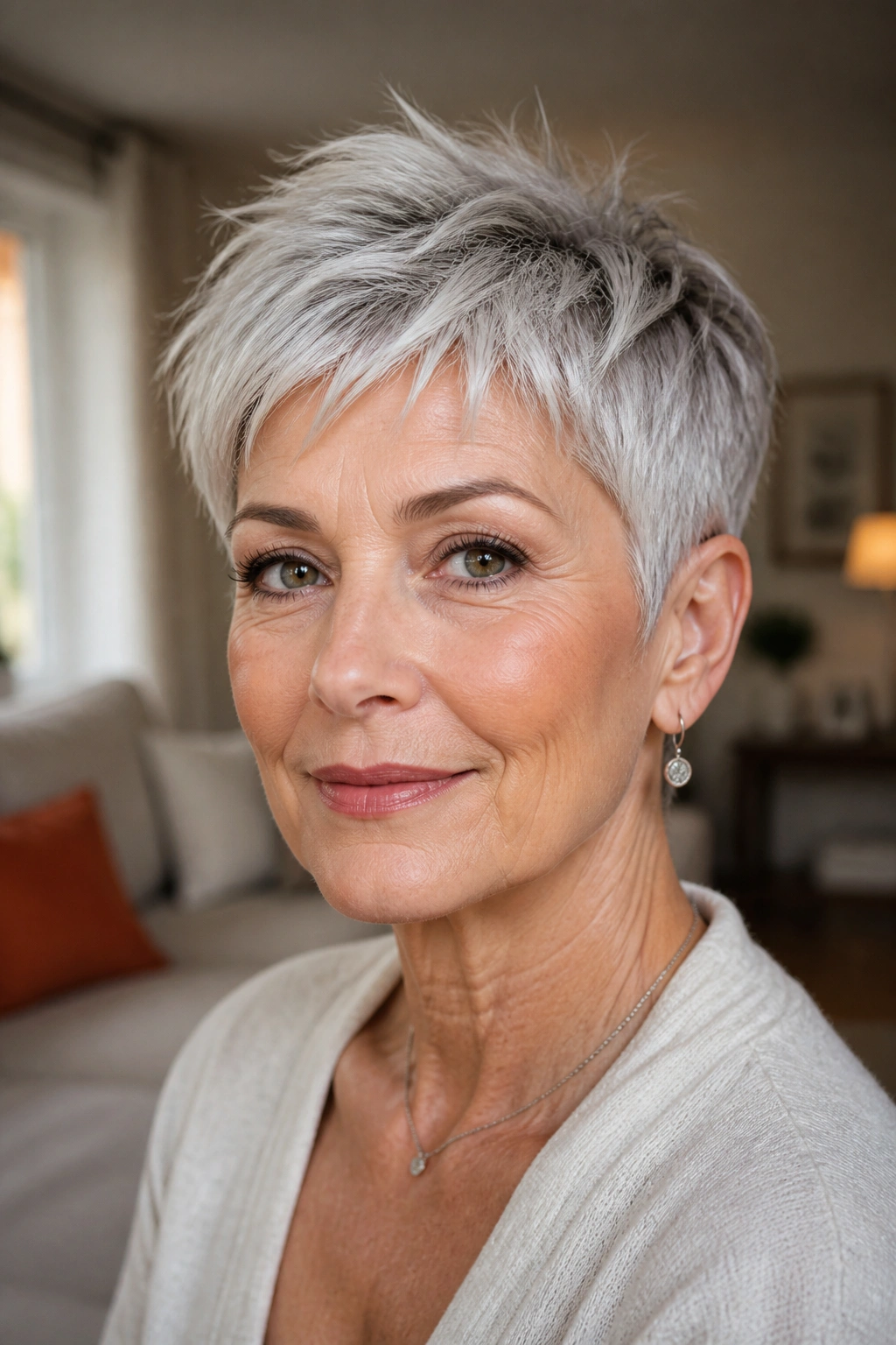 Close-up portrait of an older woman with a silver crop and piecey top layers in warm window light
