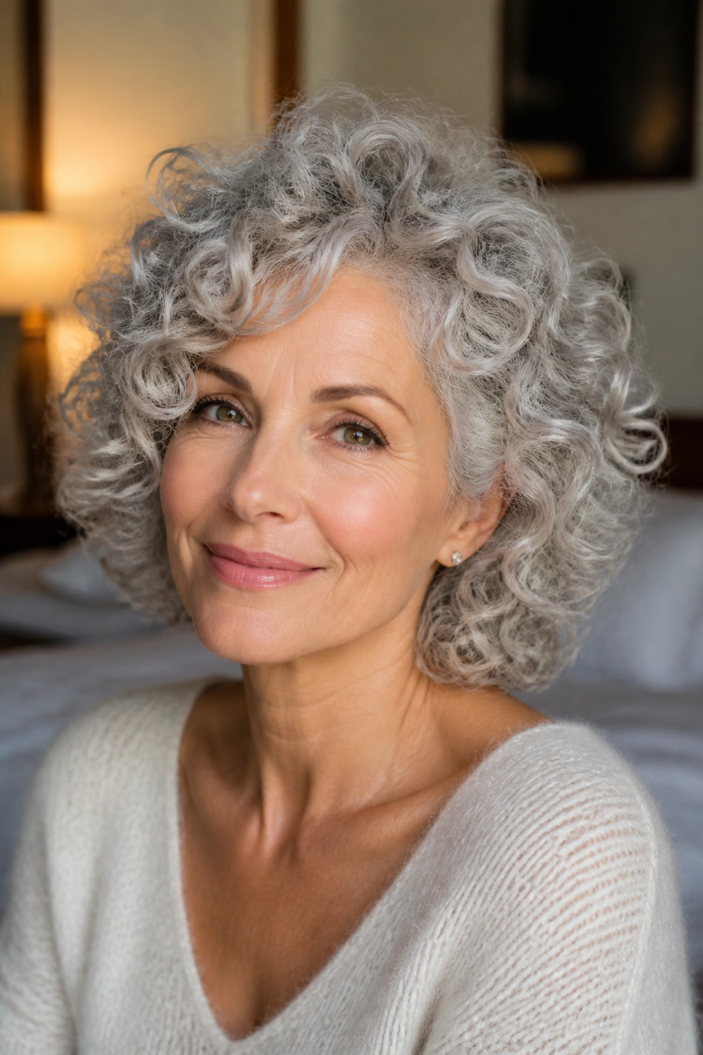 Close-up portrait of a woman with silver ringlets shaped at the crown