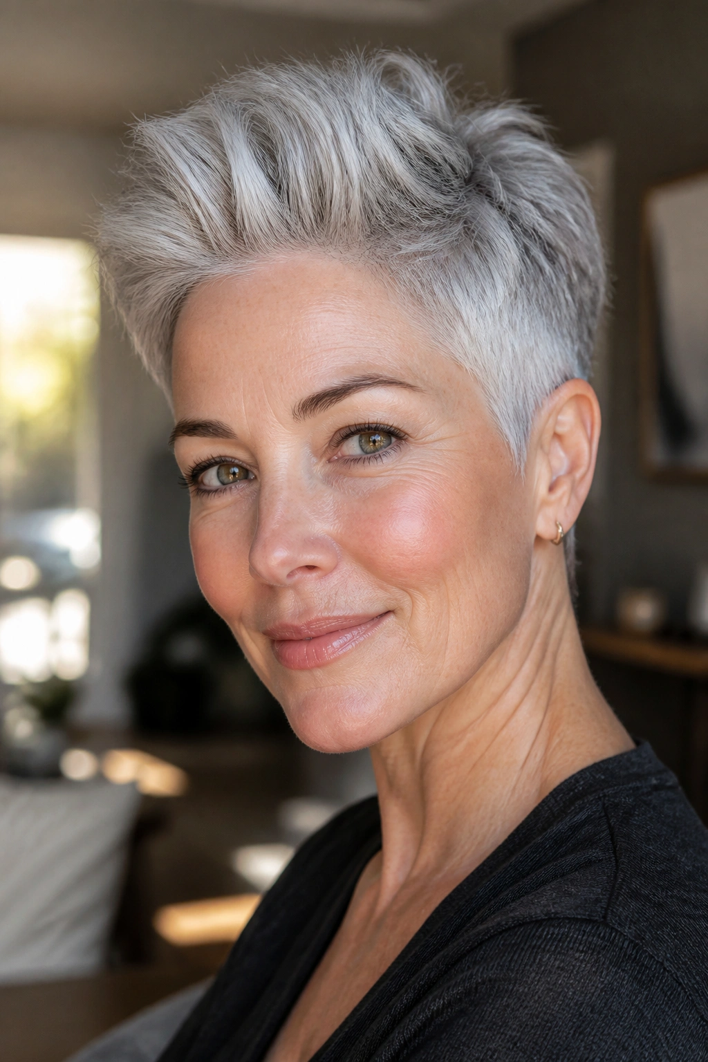 Close-up of a woman with a silver crown-lift crop hairstyle