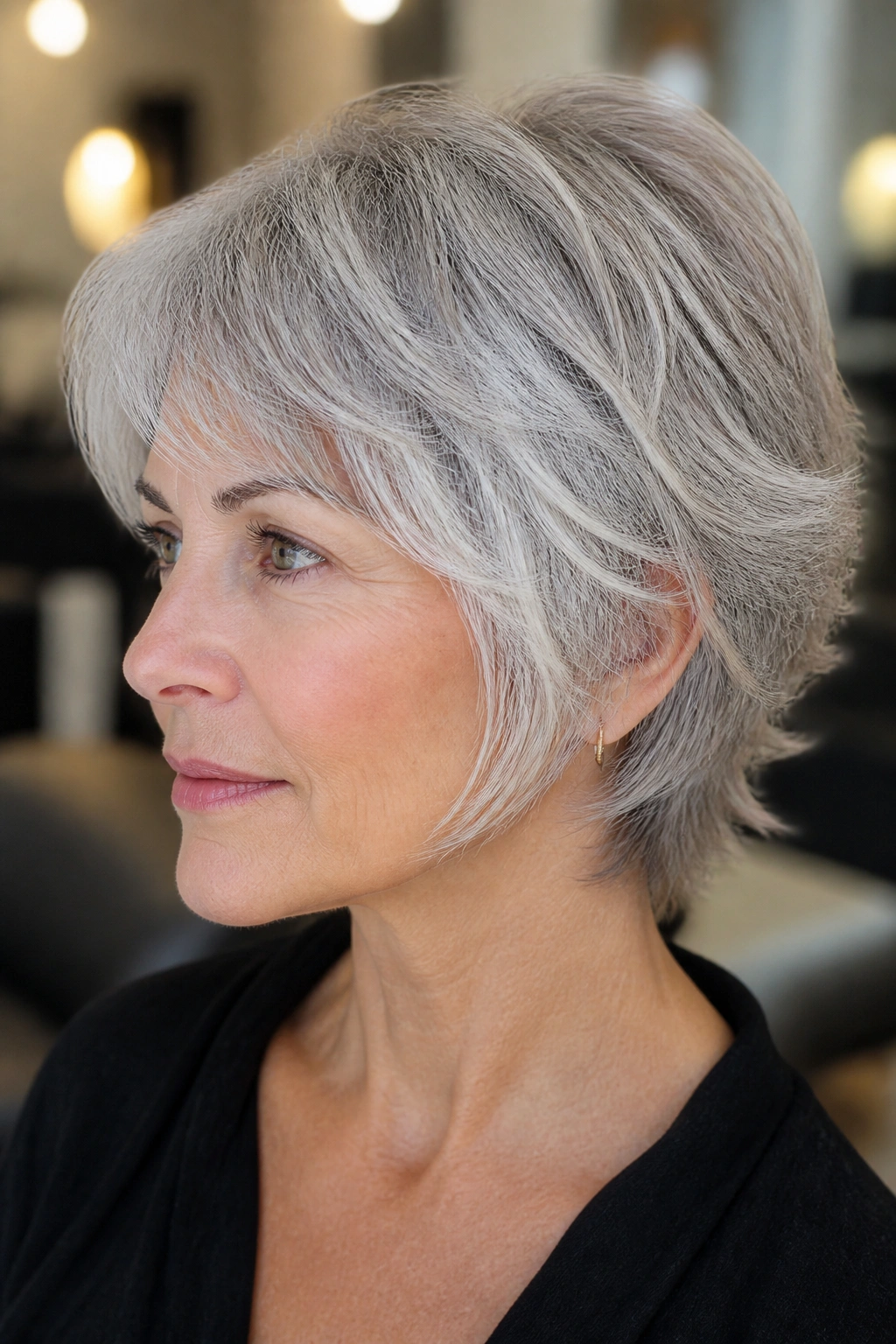 Portrait of a silver-haired woman with feathered ends on a pixie bob