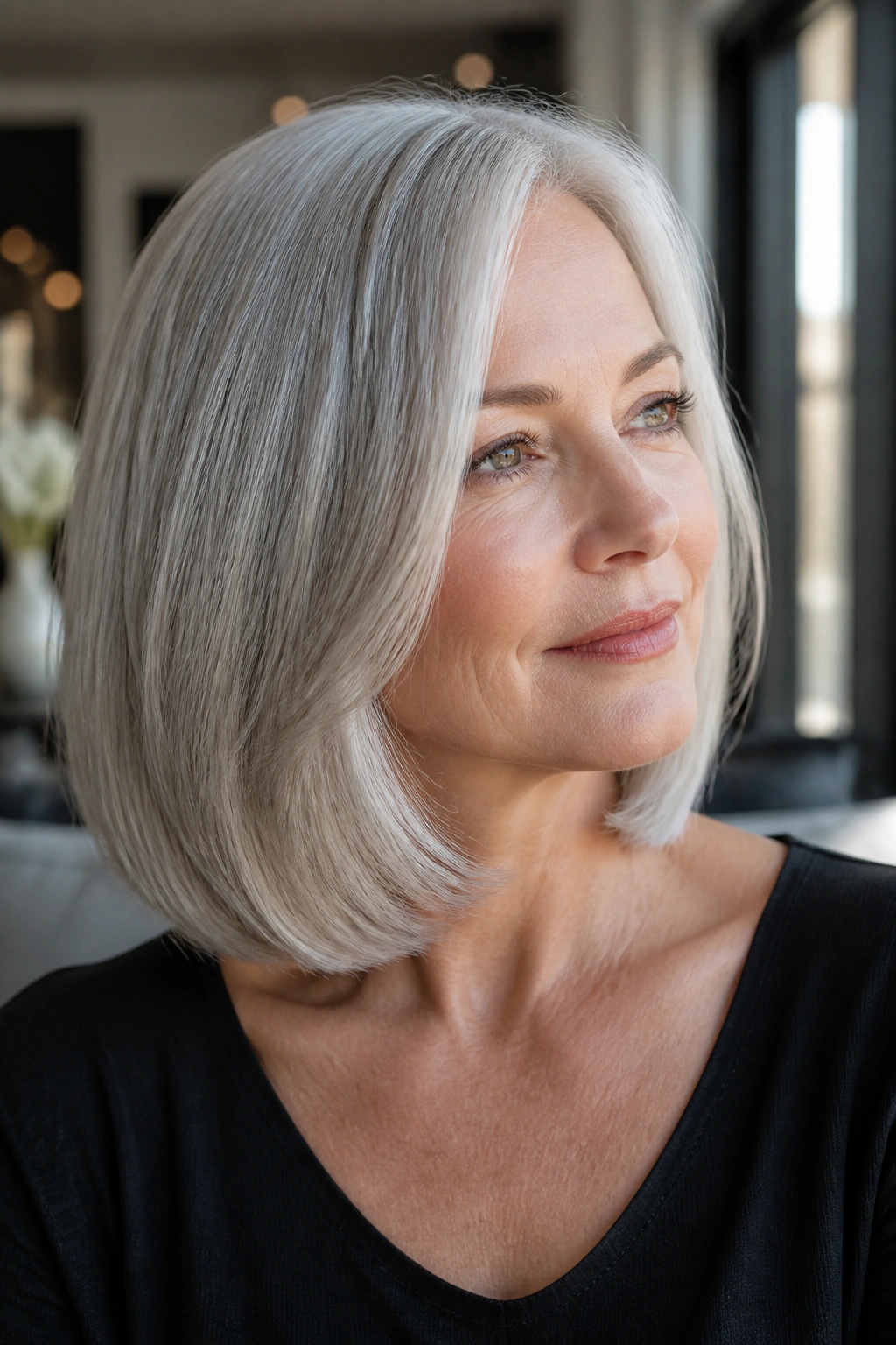 Close-up of a woman with a glossy silver lob hairstyle.