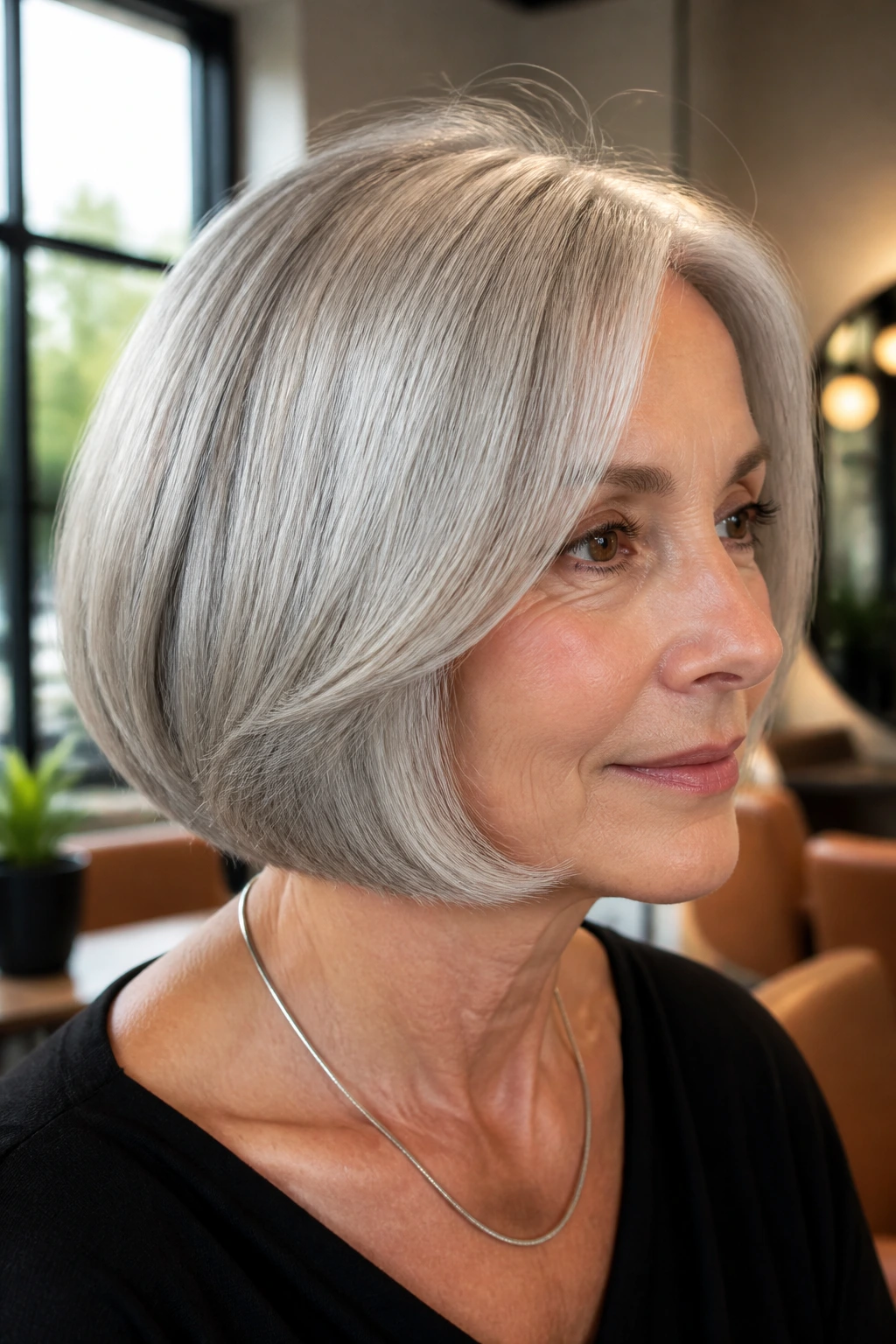 Close-up of silver Italian bob on a real person with crisp perimeter and bevel