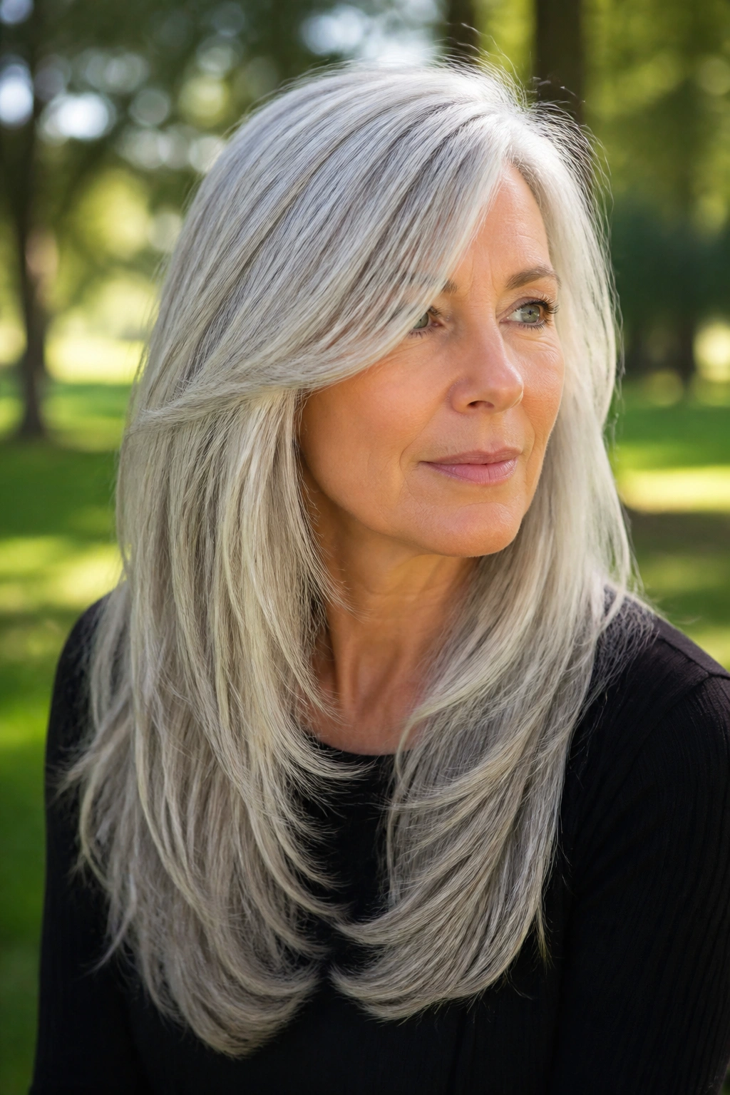 Portrait of a real woman with long silver layered hair and a side-swept fringe
