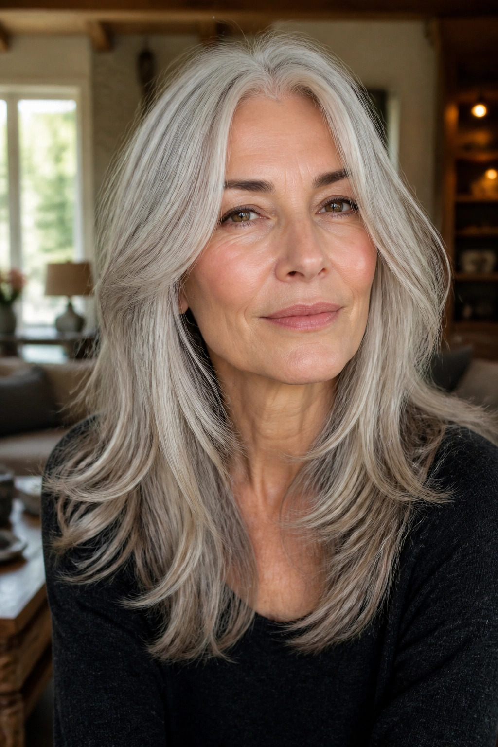 Close-up portrait of a real woman with shoulder-length silver hair and long layers.