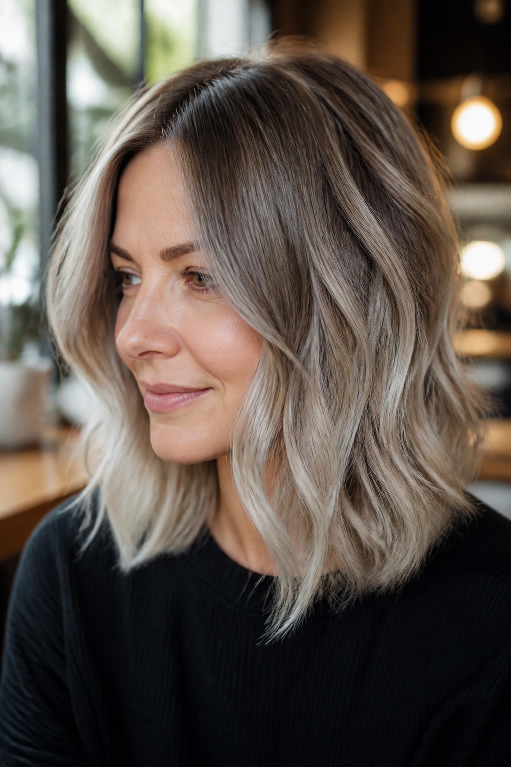 Close-up of a real woman with shoulder-length silver mushroom brown hair blend in warm cafe light.