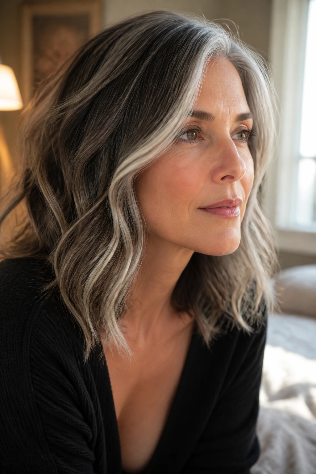 Close-up of a real woman with silver ribbons woven into waves around the face