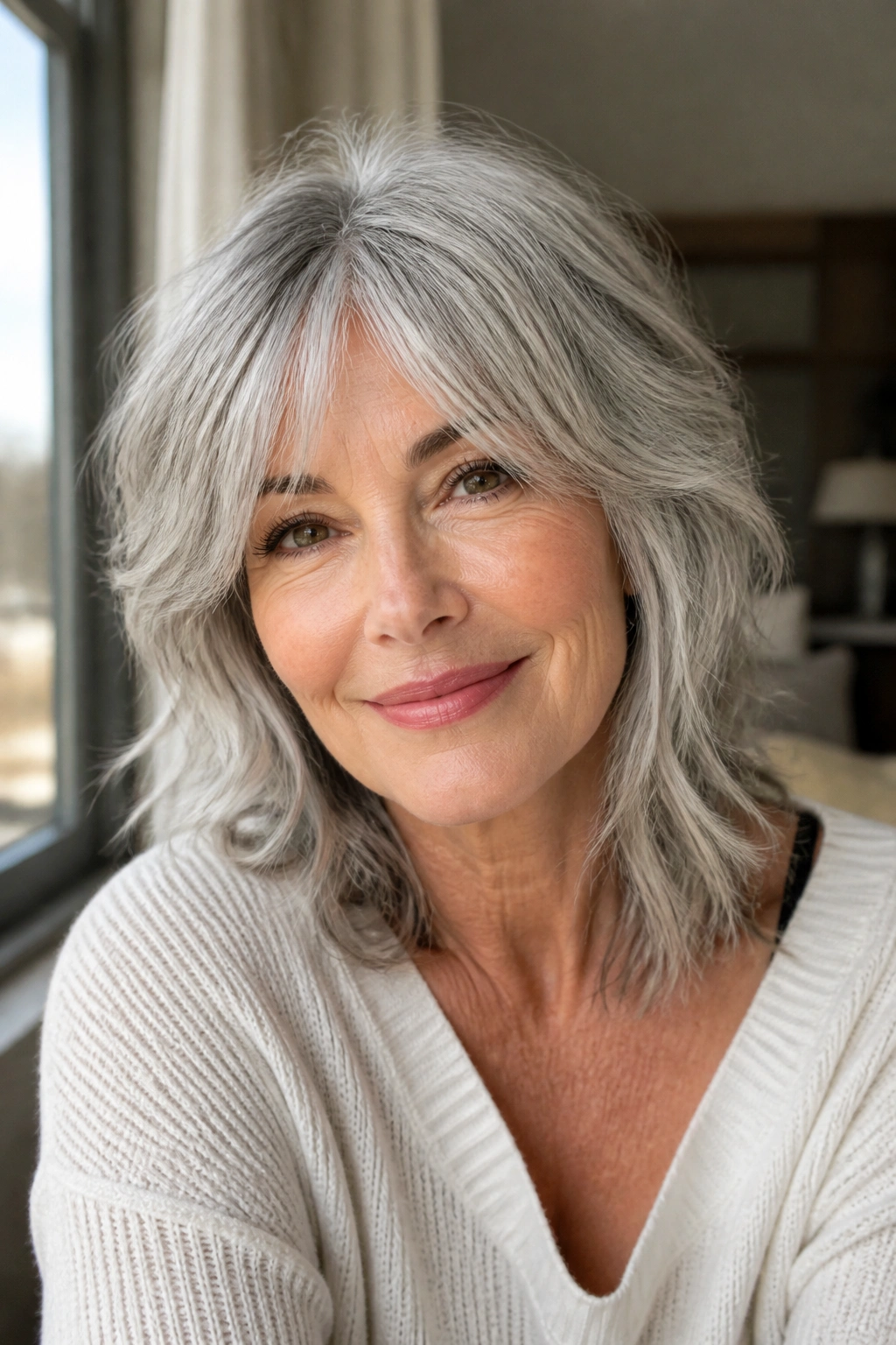 Close-up portrait of a mature woman with silver shag and curtain bangs in natural window light.