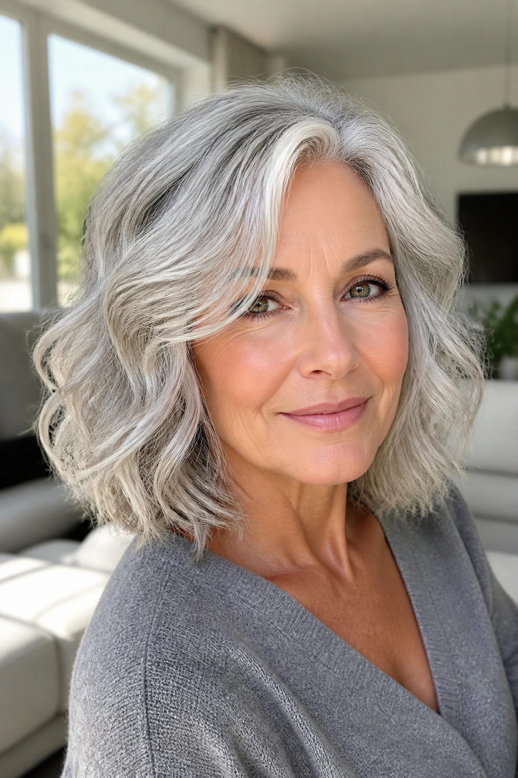 Portrait of a woman with shoulder-length silver waves in daylight