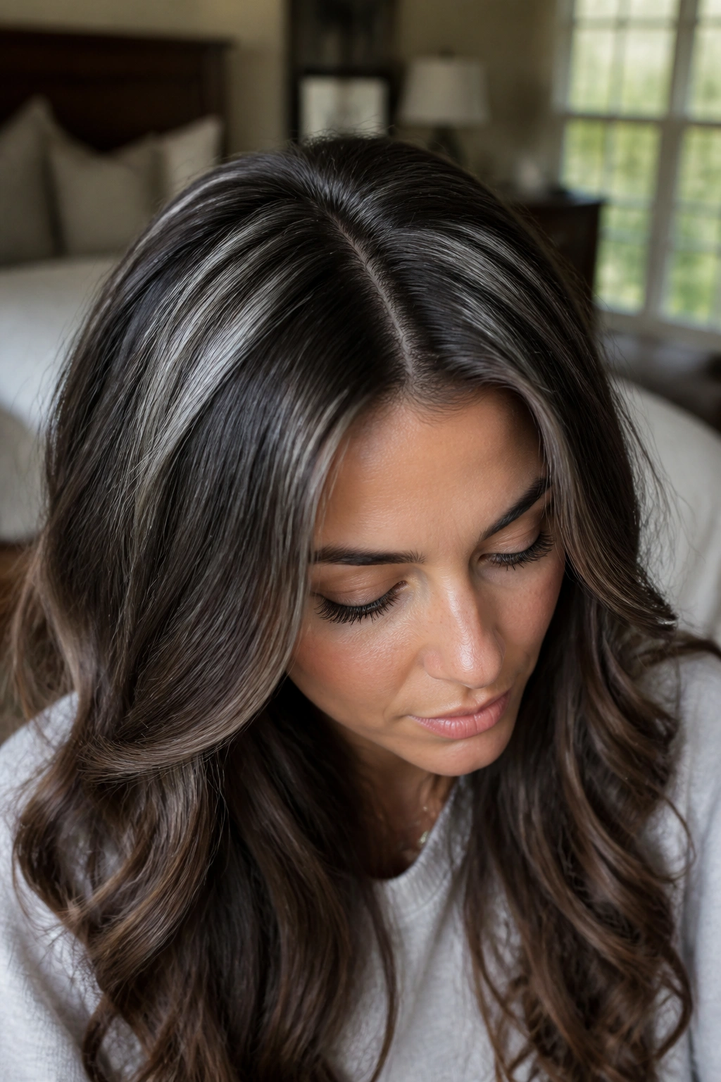 Close-up of crown area with silver halo highlights around the crown.