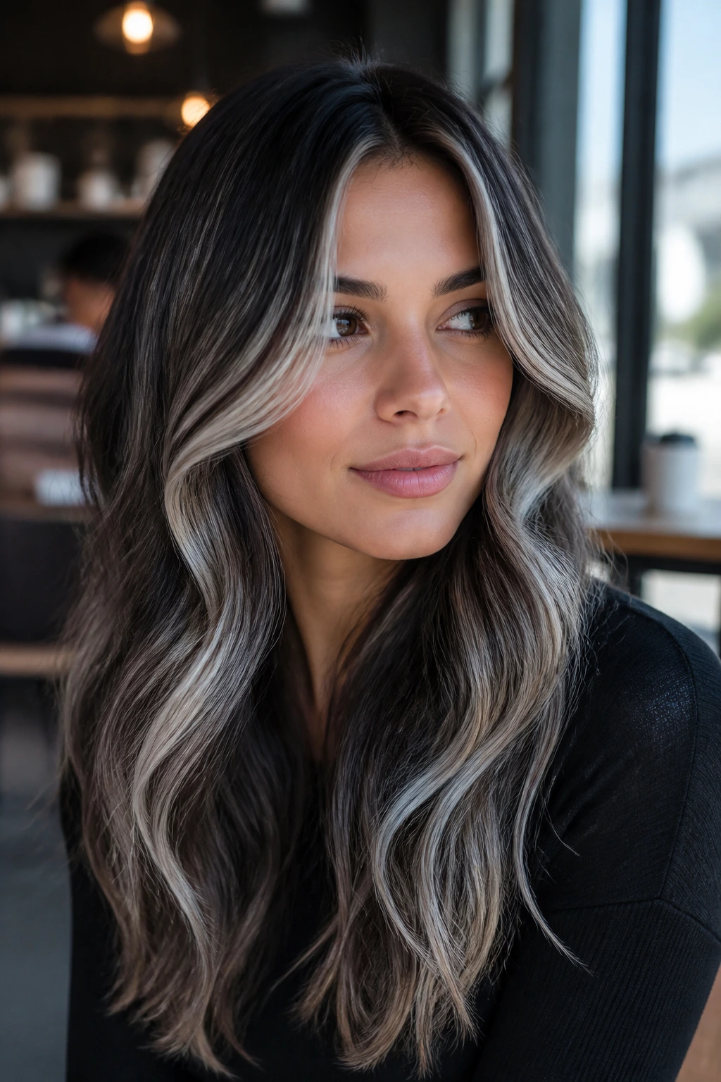Close-up portrait of real woman with silver highlights in brown hair