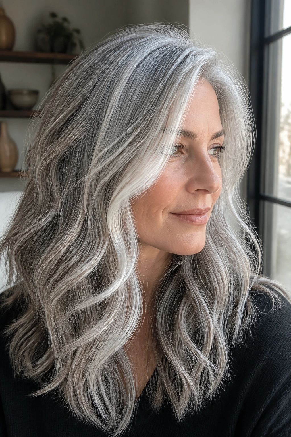Close-up of grey base hair with silver highlights on a real person near a window
