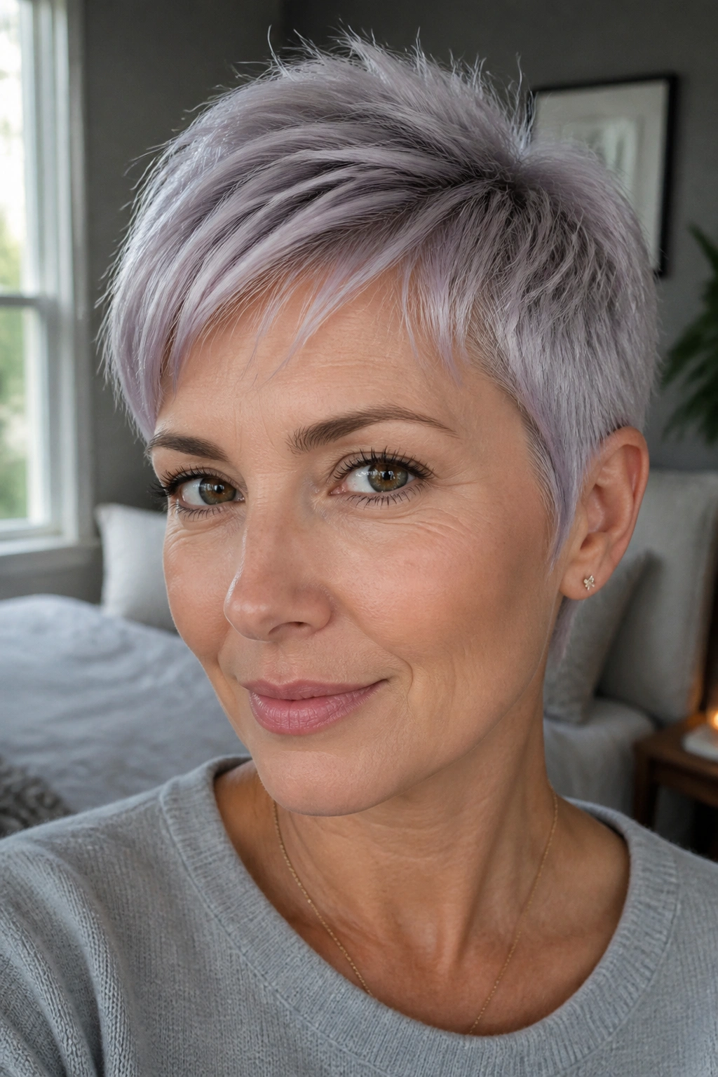 Close-up portrait of a real person with silver short crop and subtle lavender tint.