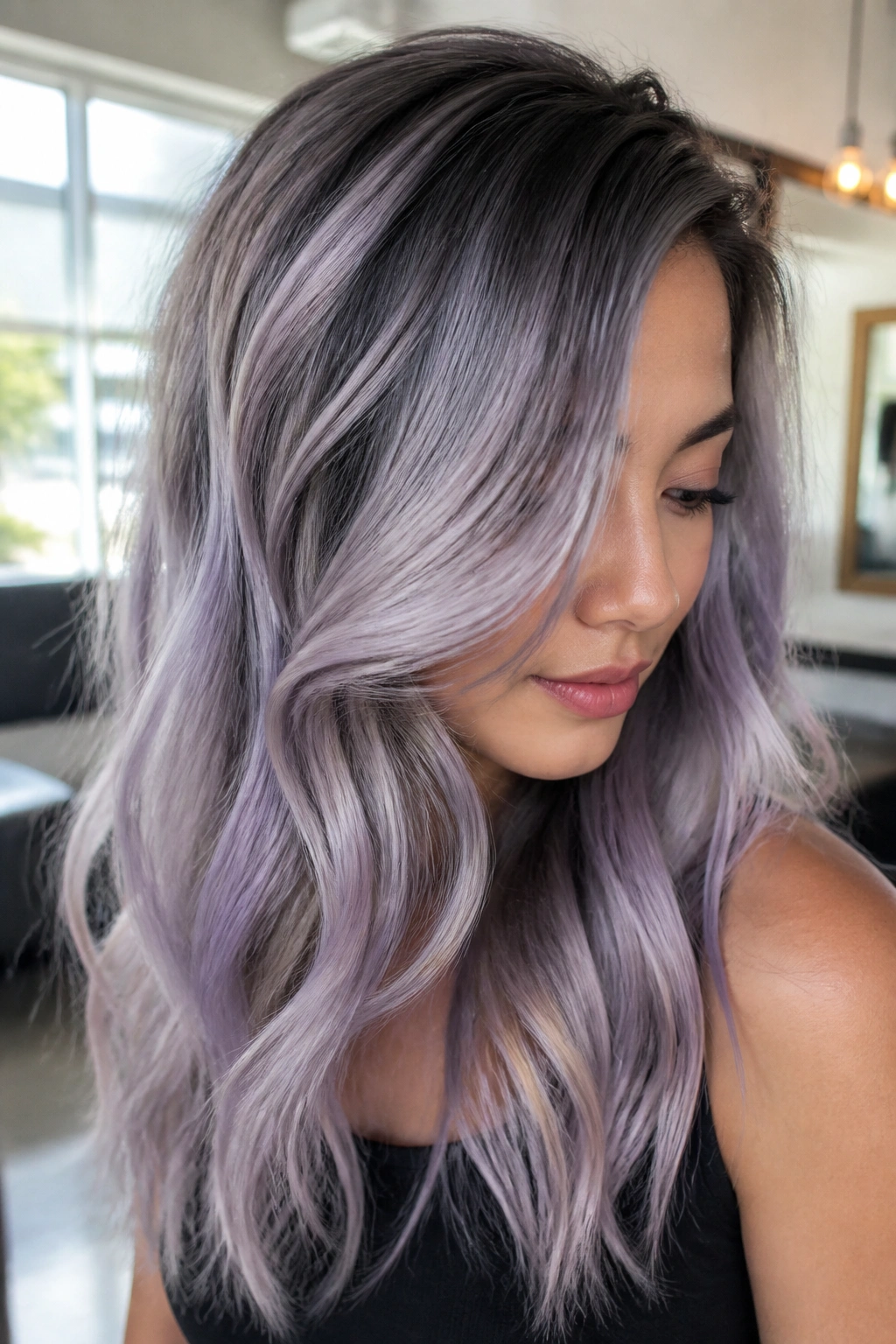 Close-up of a real woman with silver lilac balayage ribbons in soft waves
