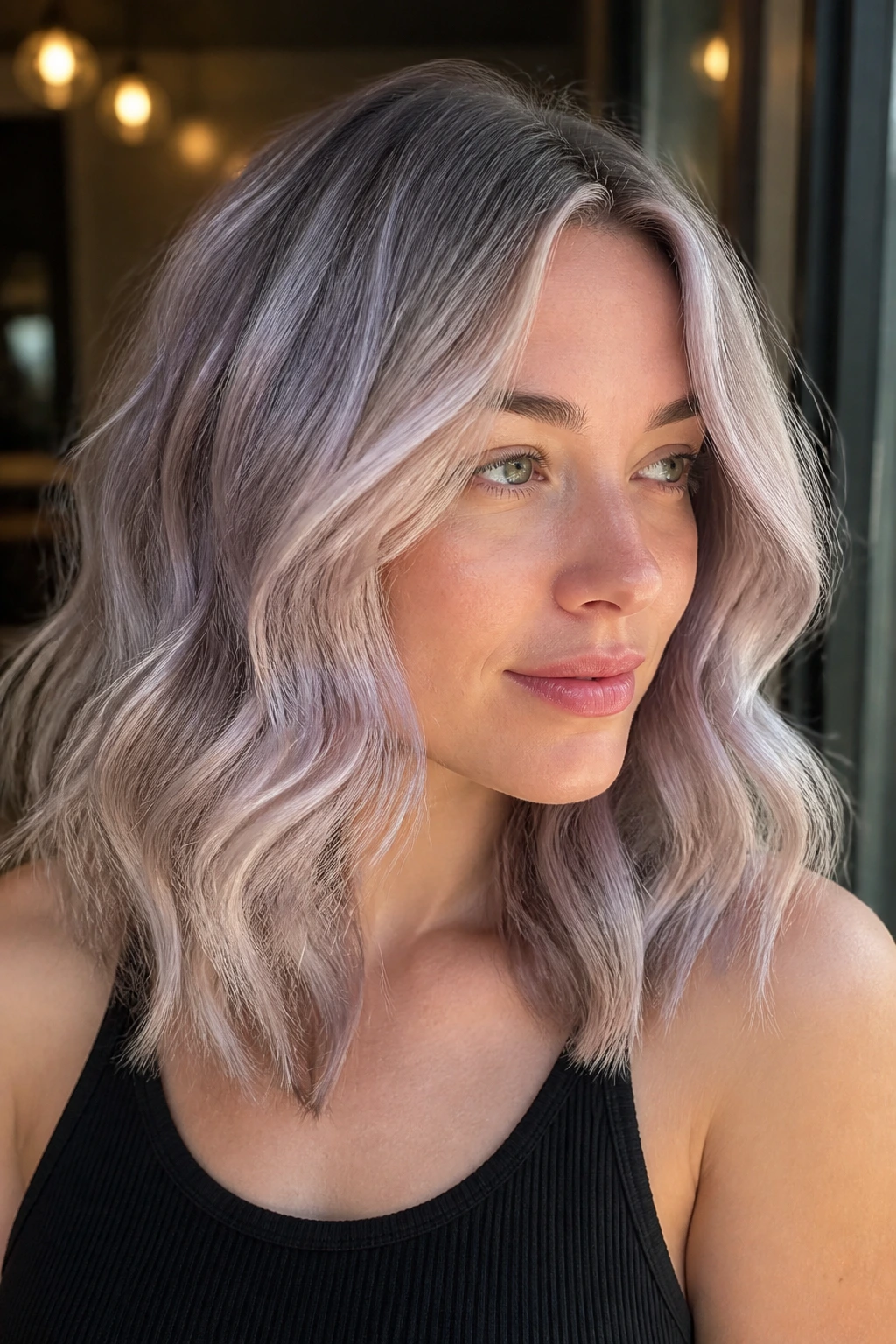 Close-up of real woman with soft silver-lilac balayage on wavy hair