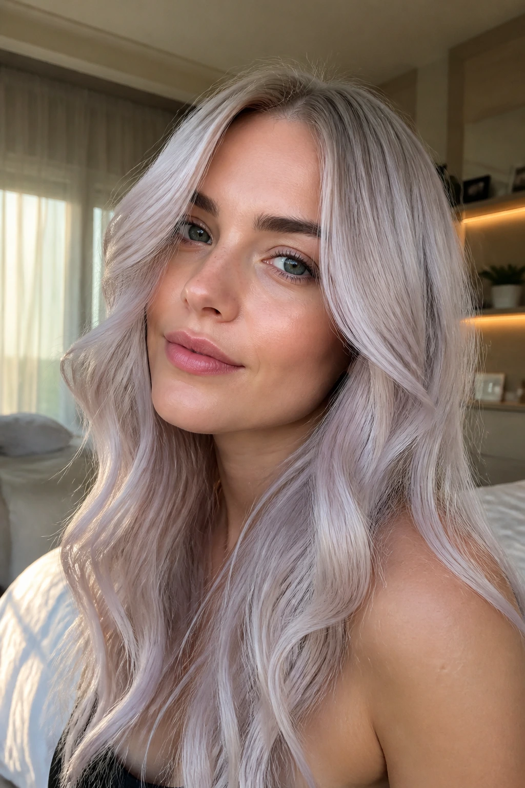 Portrait of a woman with silver lilac blonde hair in soft, natural light.