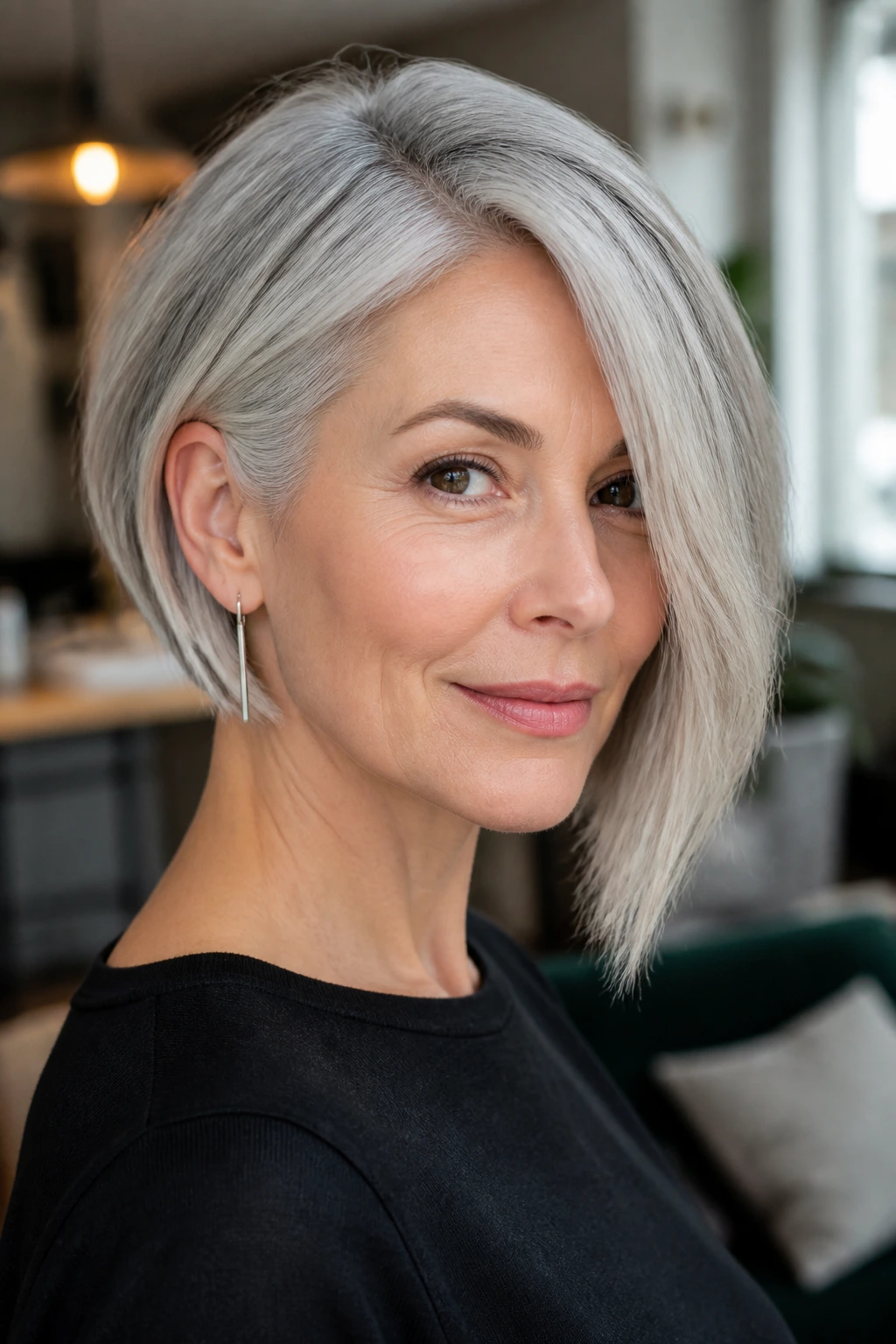 Close-up of a real woman with an asymmetrical silver lob hairstyle
