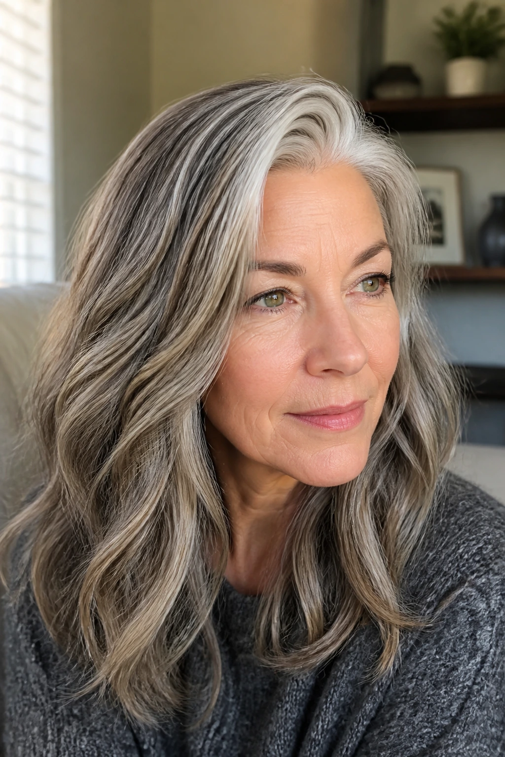 Close-up of a real woman with dimensional silver hair and ash-brown lowlights