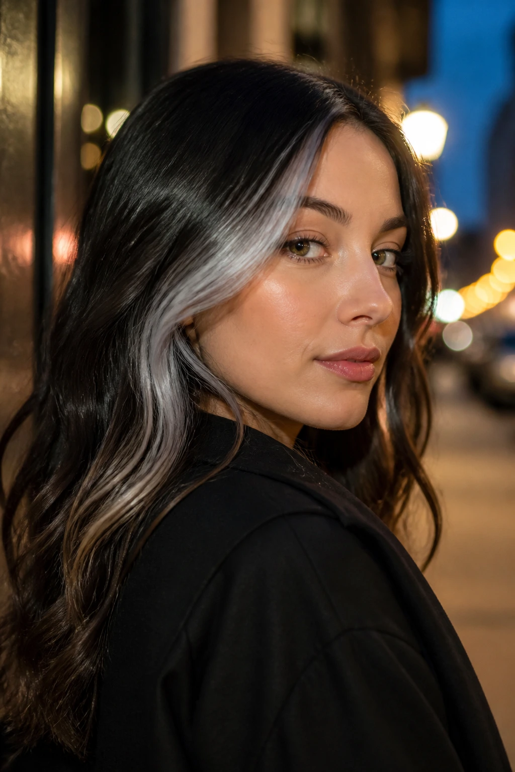 Close-up portrait of a real person with metallic silver peekaboo against dark hair at dusk
