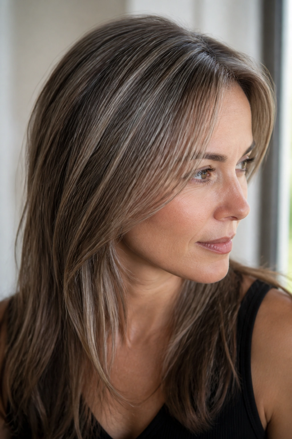 Fine hair with silver micro-highlights on crown area