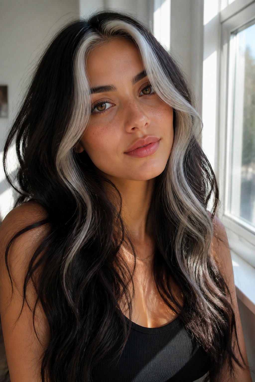 Close-up of dark hair with a silver money piece framing the face