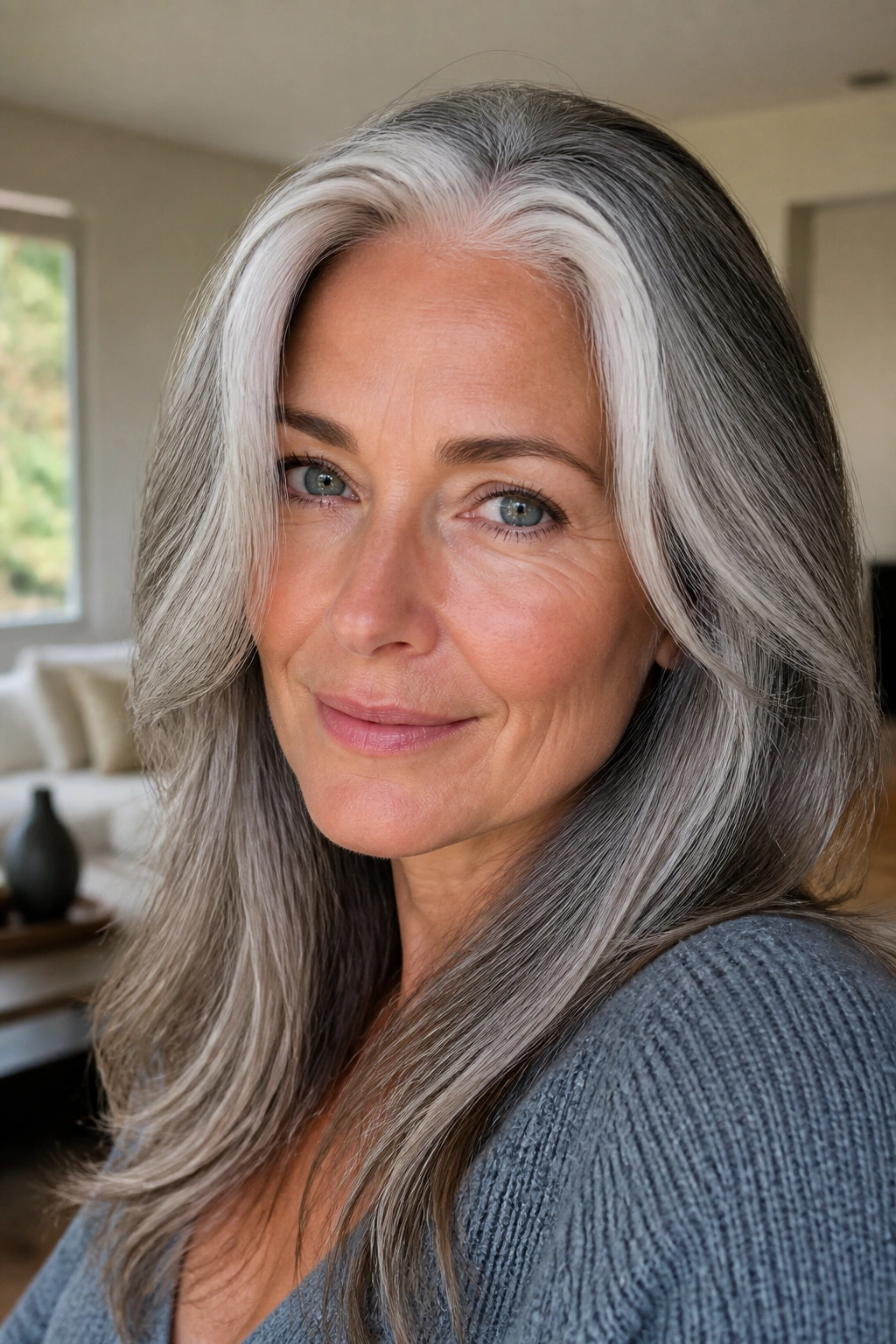 Close-up of a real woman with a silver money piece framing the face