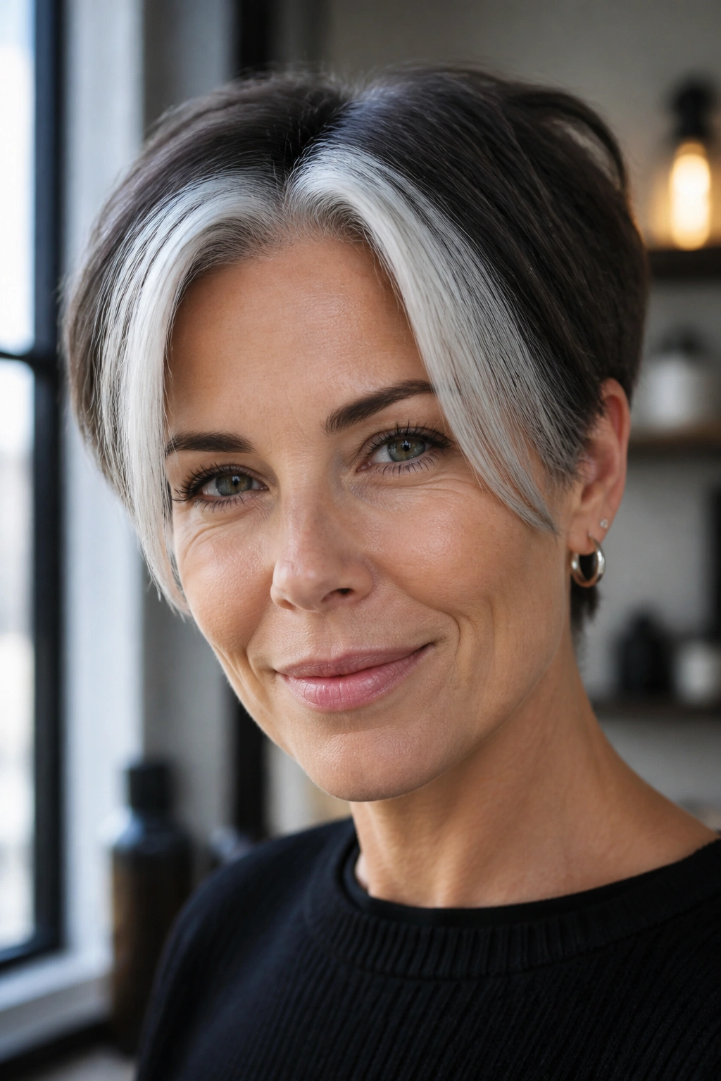 Portrait of a real person with silver money pieces framing the face on a short crop.
