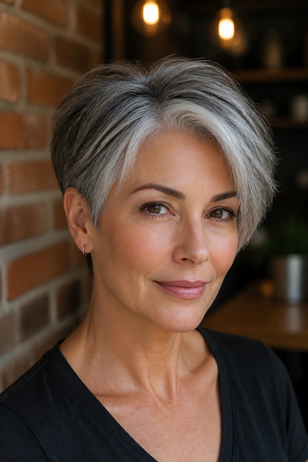 Close-up of silver money piece on salt and pepper short hair