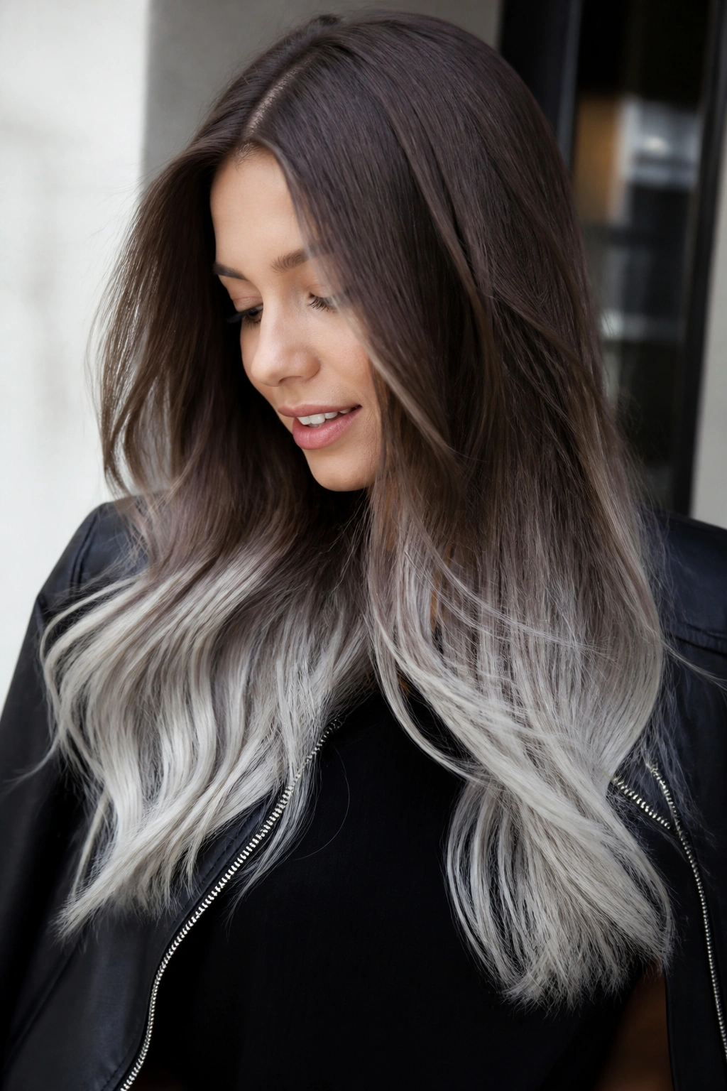 Real person showing brown to silver ombré ends in hair