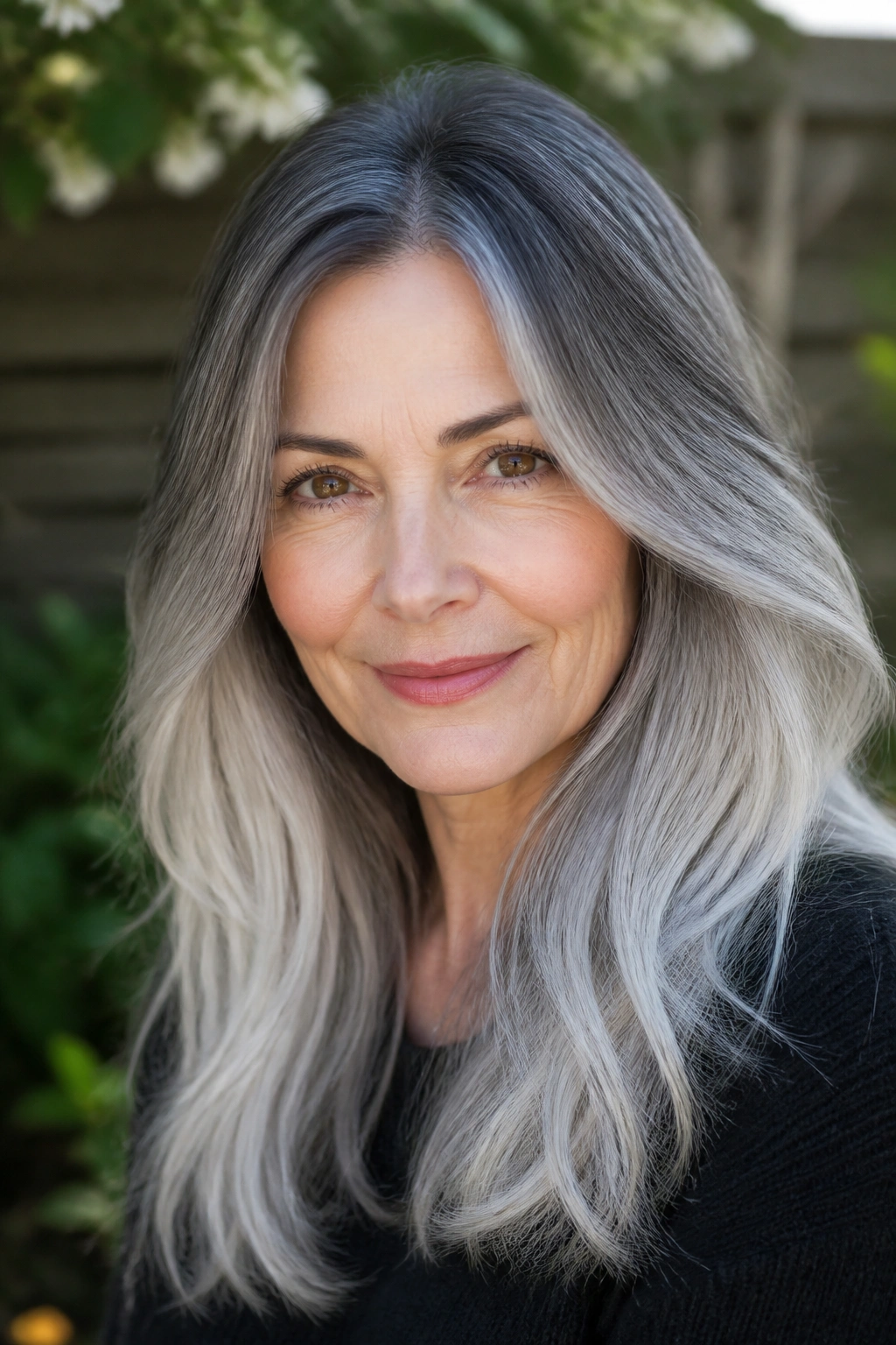 Close-up of a real woman with a root-to-tip silver ombré hair gradient