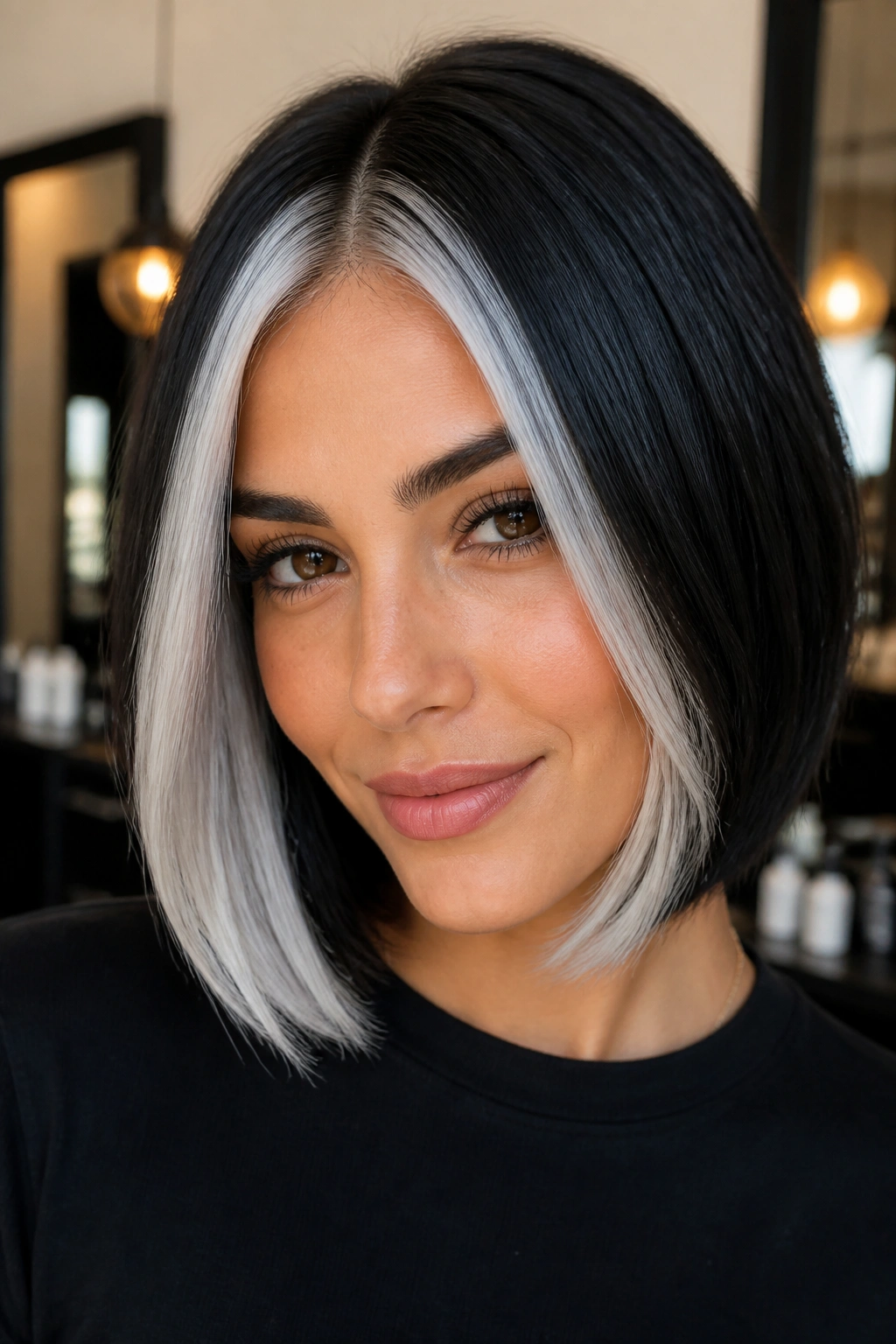Close-up of a real woman with a dark bob featuring two silver face-framing panels