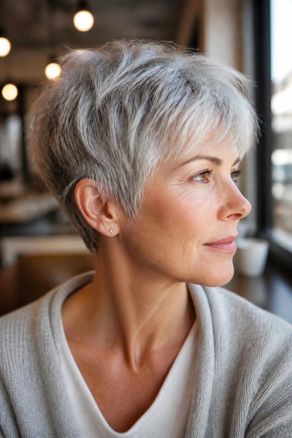 Close-up portrait of a real woman with a silver pixie and airy layers in cafe window light