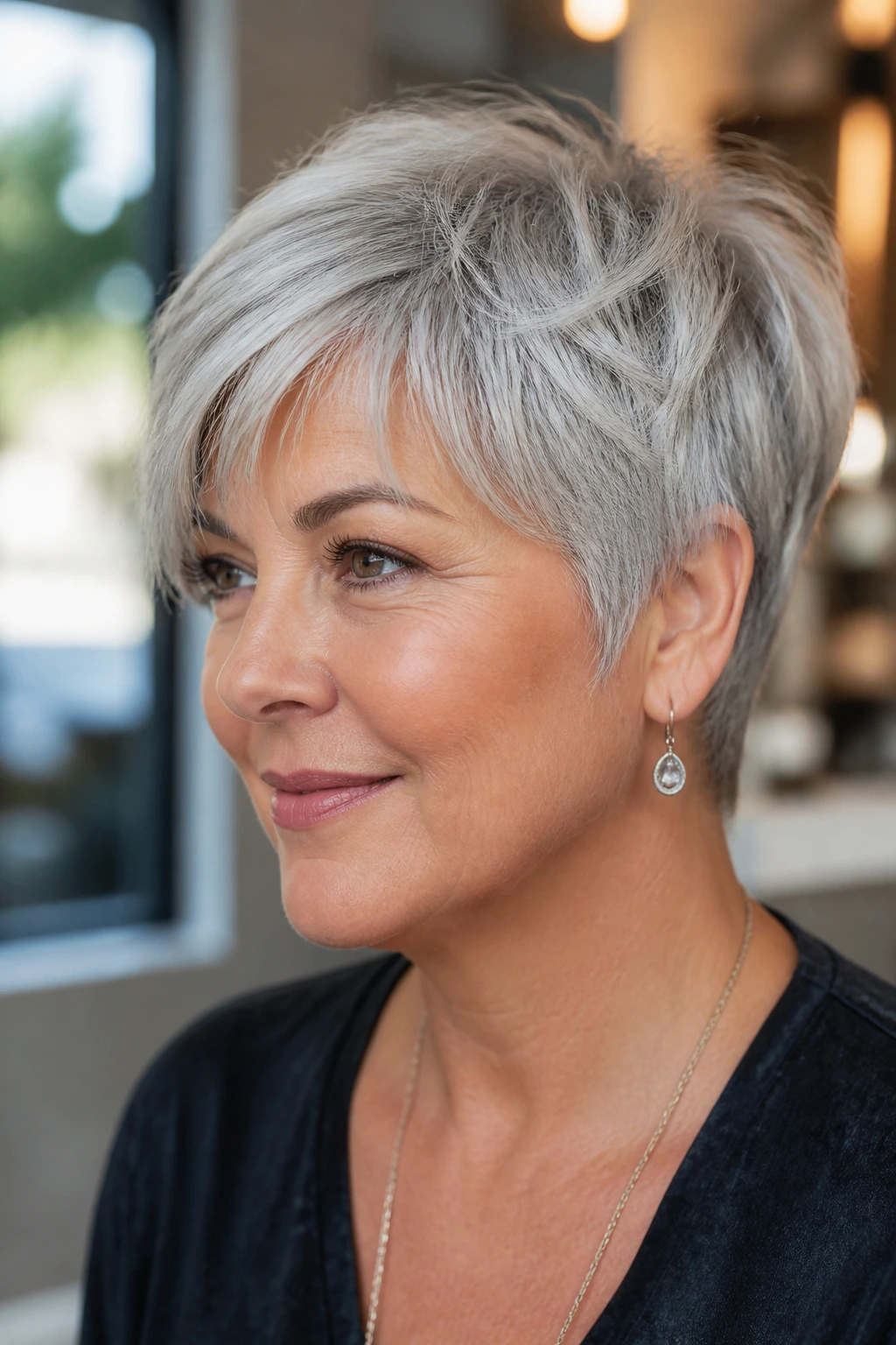 Close-up portrait of a real woman with silver pixie-bob hairstyle