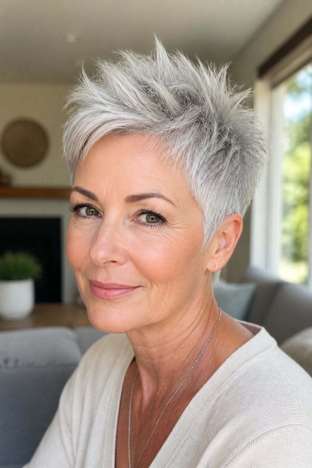 Close-up of a real older woman with Silver Pixie With Piecey Crown in bright room