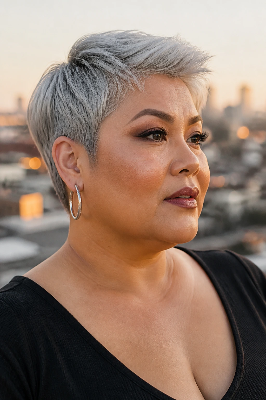 Close-up of a real woman with a silver pixie and defined edges at golden hour