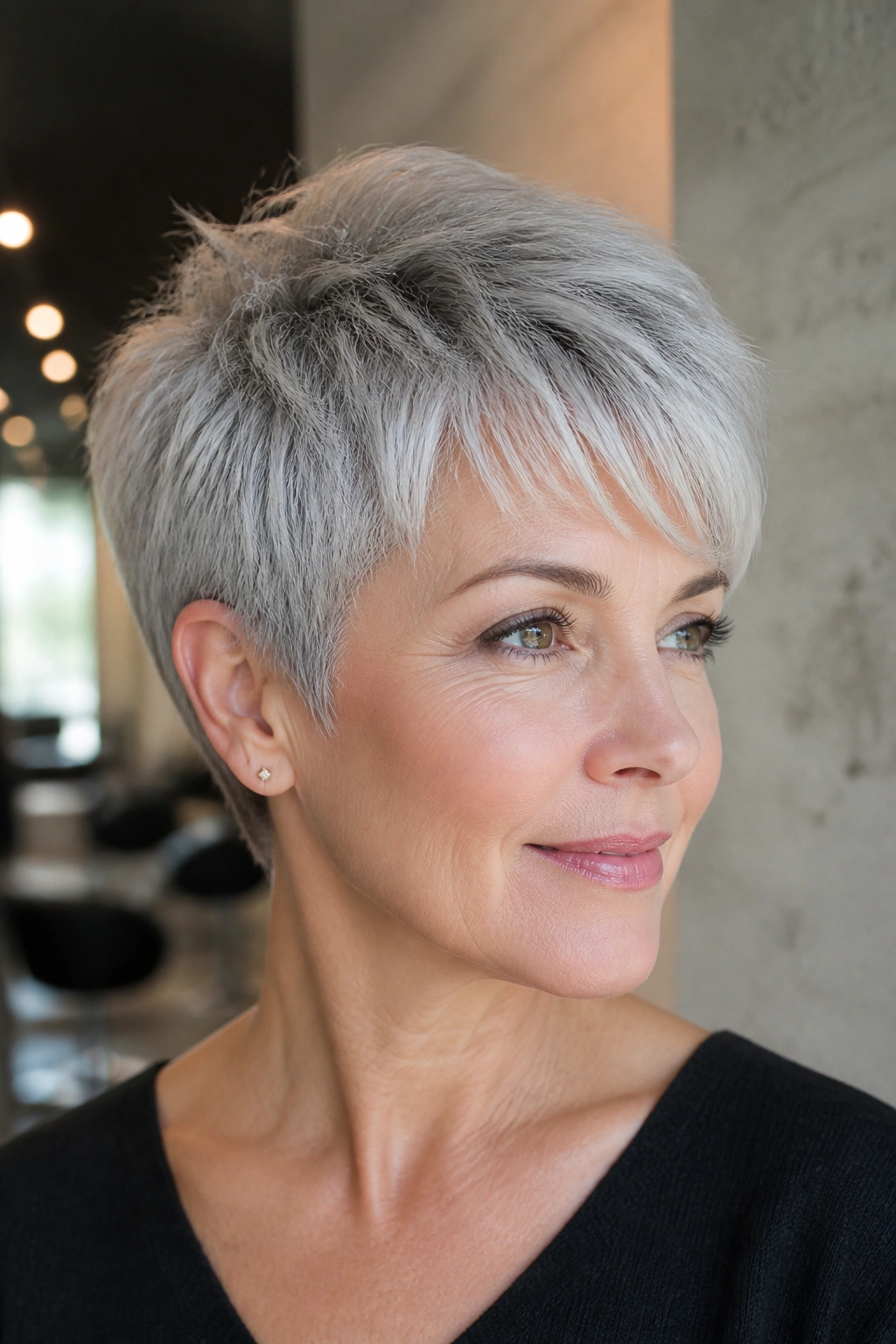Close-up of a real woman with a silver pixie cut featuring feathered layers