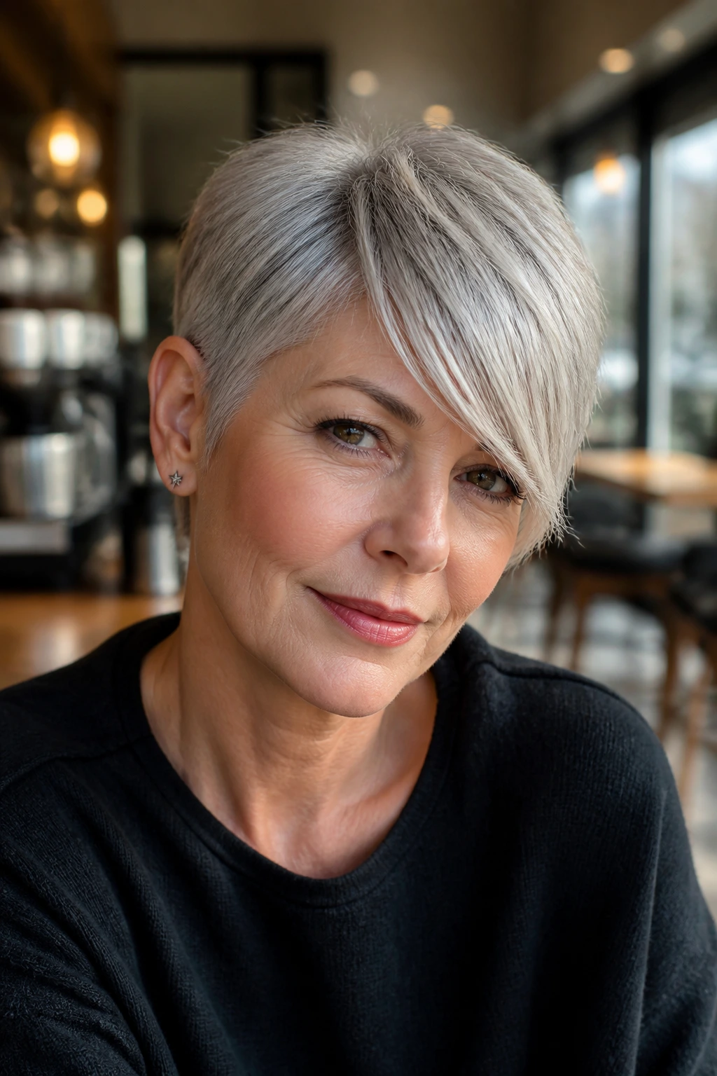 Close-up of a real woman with a silver pixie cut and longer fringe