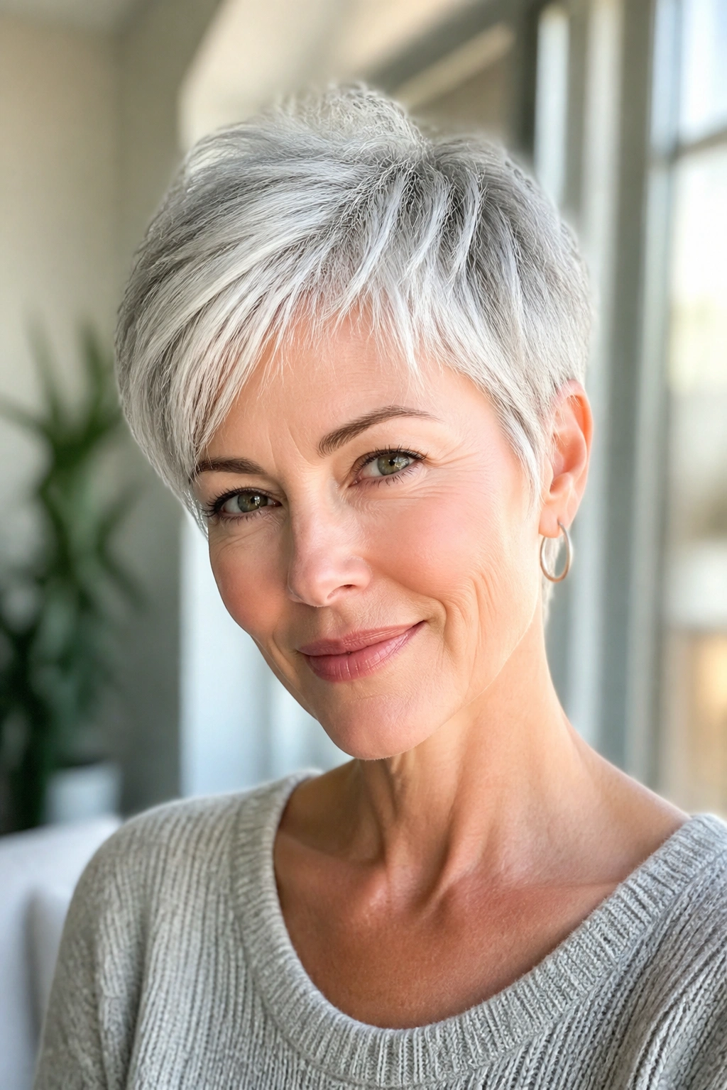 Close-up portrait of a woman with a soft silver pixie haircut