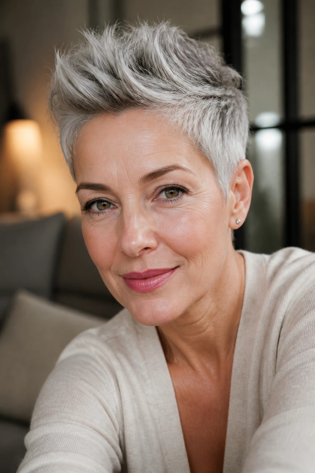 Portrait of a real woman with a silver pixie and crown height in warm interior lighting.